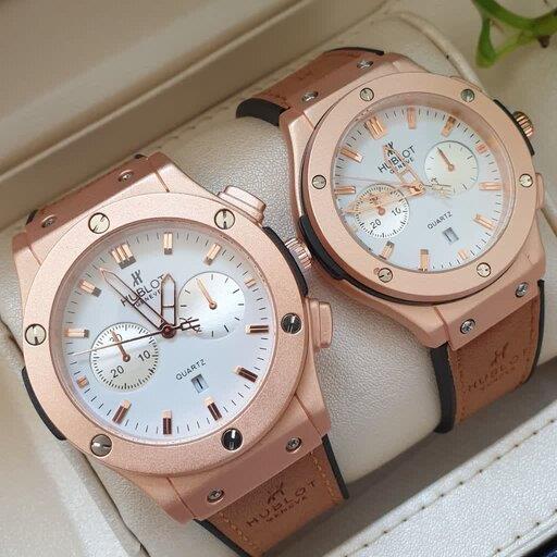 ساعت مچی ست مردانه و زنانه هابلوت بند رابر روکش چرم  صفحه سفید HUBLOT